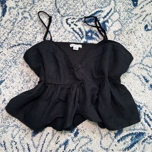 Smocked Flowy Split Front Black Peplum Crop Top